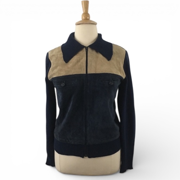 Vintage Sweaters - Vintage Unisex Knit Leather Shacket‎ XL Men’s Women’s Zip Up Sweater Jacket